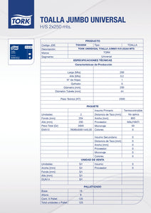 Toalla Papel Jumbo Universal Hoja Simple 2 Rollos 250 Mt