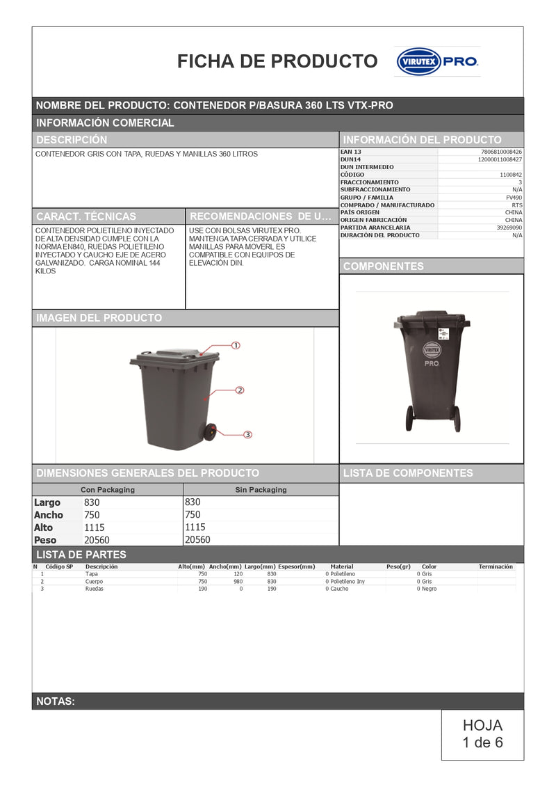 CONTENEDOR PARA BASURA360 LTS VTX-PRO