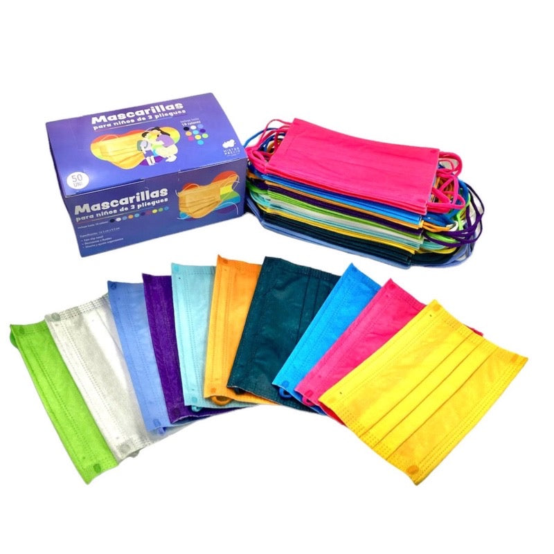 Mascarillas 3 pliegues desechables niños Mix Colores 6 50un. - Generico
