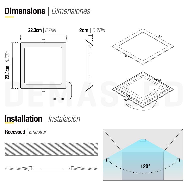 Panel LED cuadrado blanco, 22.3x22.3cm 18W 1440Lumen Frio de Embutir Para Interiores