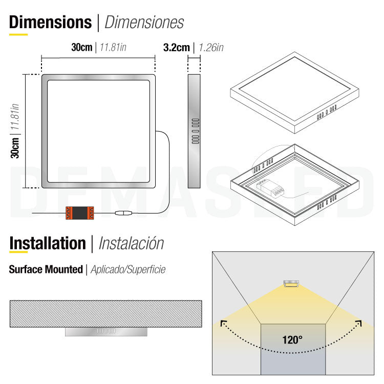 Panel LED cuadrado niquel de 30x30cm, 24W 1920Lumen Calido Sobrepuesto Para Interiores