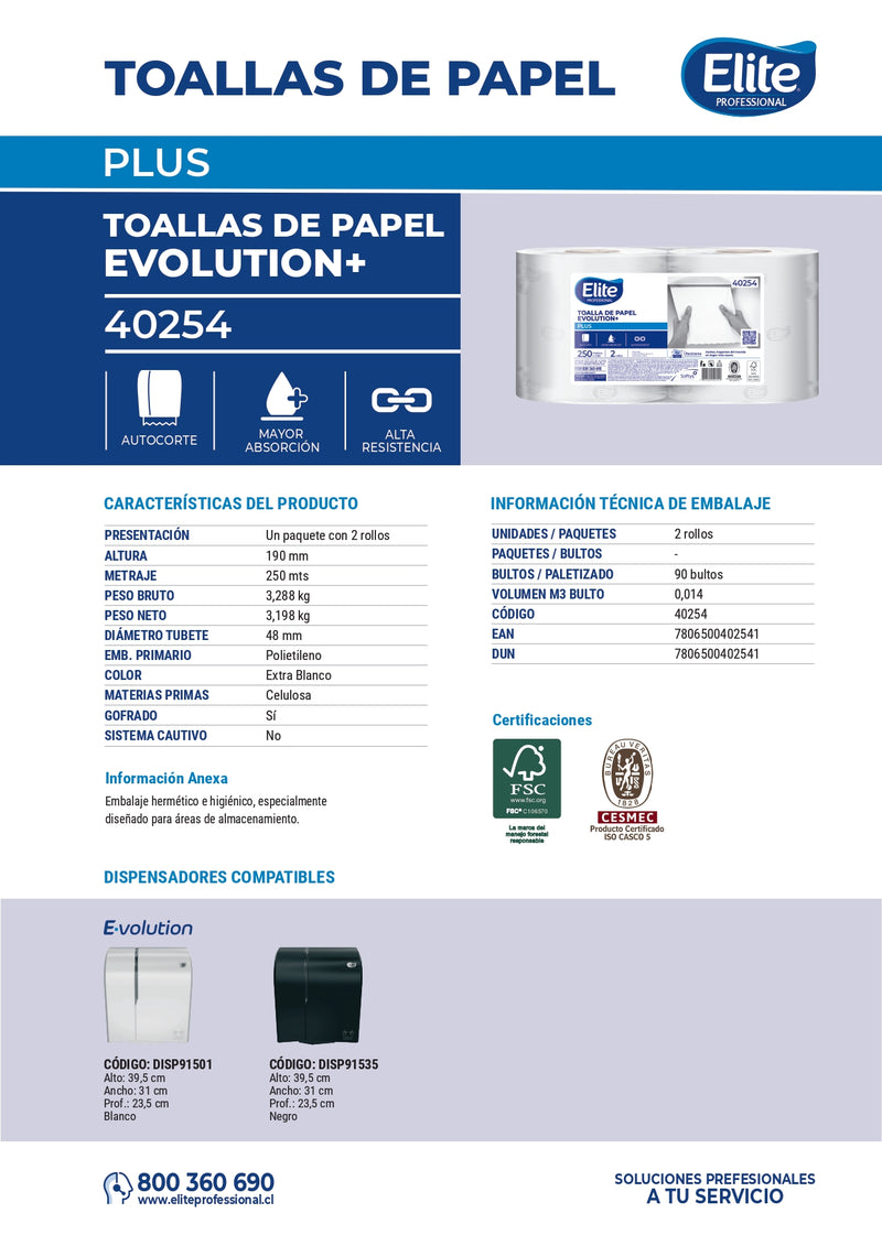 Toalla De Papel  Plus Evolution Hoja Simple 250 Mts 2 rollos Elite 40254