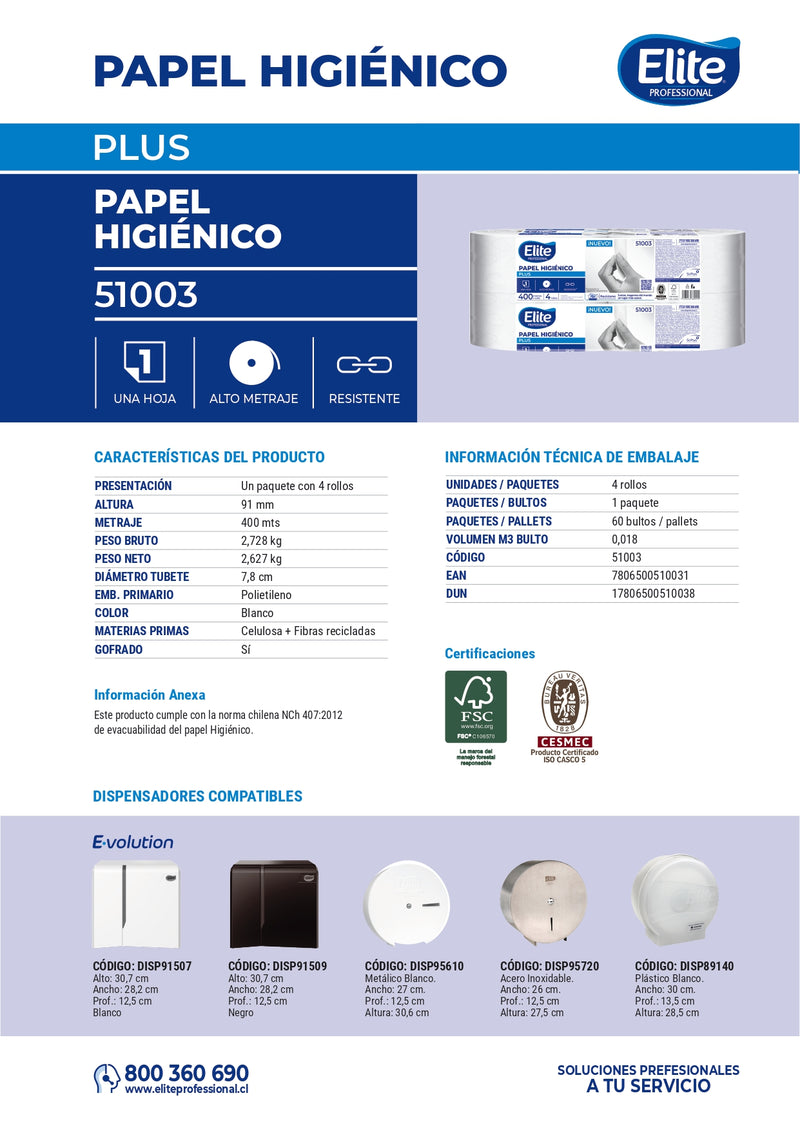 Papel Higiénico Plus 1 Hoja 400 Mt X 4 Rollos