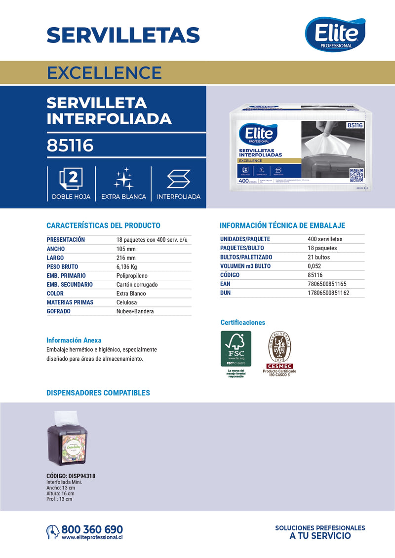 Servilleta Interfoliada Doble Hoja Pro Excellence 400 Un