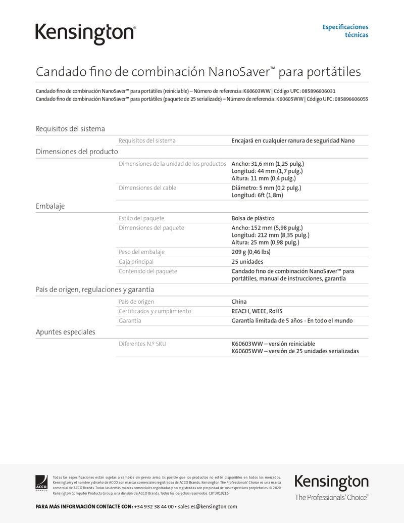 Cable Seguridad Nanosaver Slim Combinacion K60603Ww