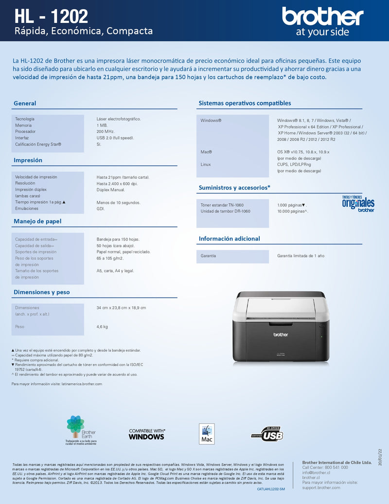 Impresora Laser Monocromática Hl1202 Usb
