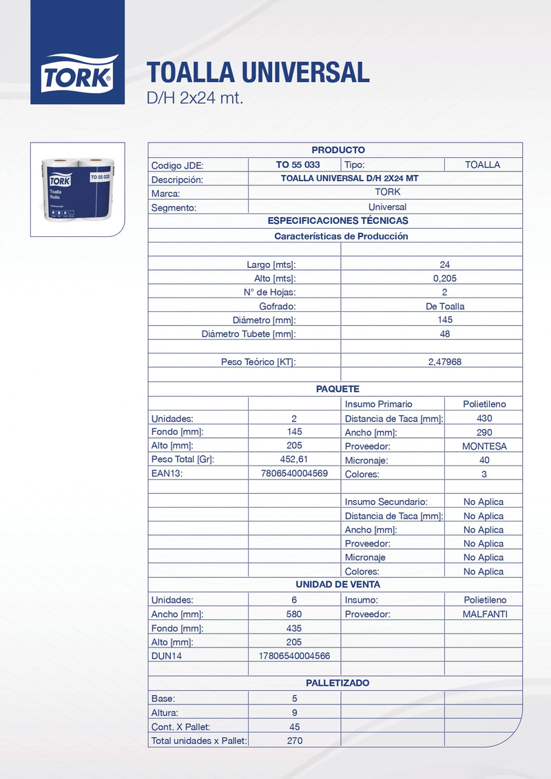 Toalla Papel Universal Doble Hoja 2 Rollos x 24 Mt