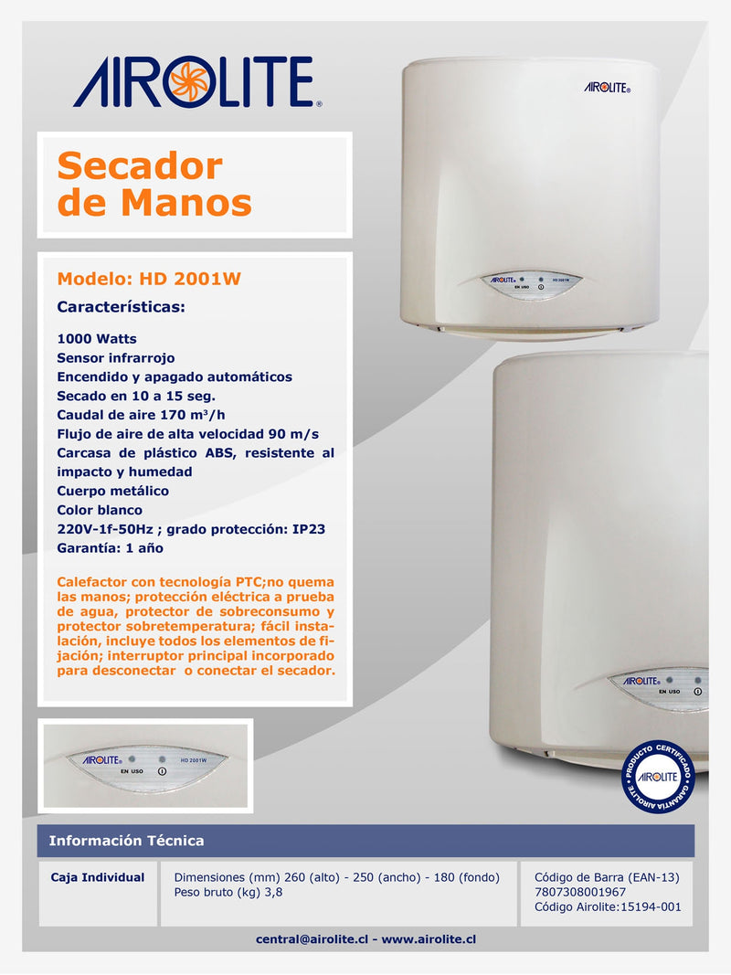 Secador De Manos Automatico Hd2001W