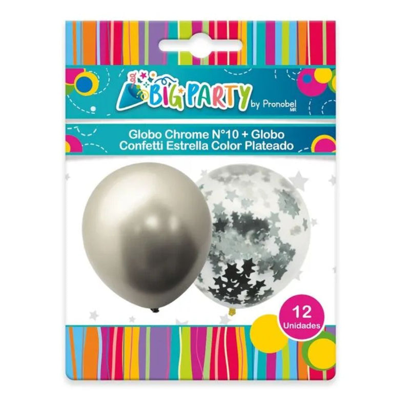 Globo Chrome +Confetti Estrella Plateado 12 Un