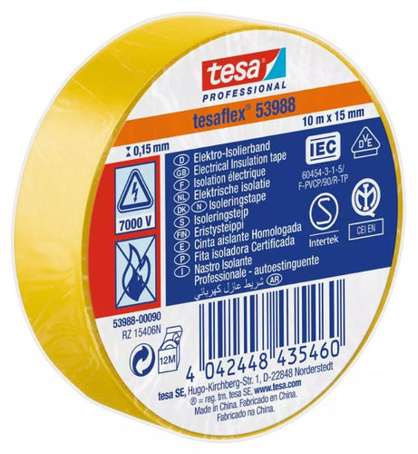 Tesaflex Cinta Aisladora Eléctrica Profesional Amarilla 10m x 15mm