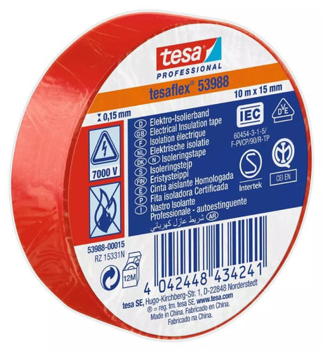 Tesaflex Cinta Aisladora Eléctrica Profesional Roja 10m x 15mm