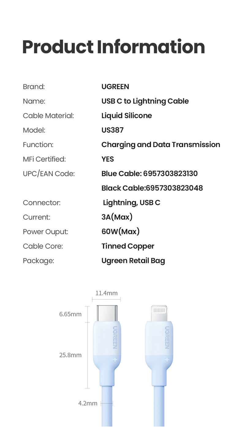 Cable USB-C a Lightning (iPhone) 1mt modelo US387 Certificado Amarillo 